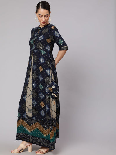 Navy Blue Bandhani Print Layered Maxi Dress