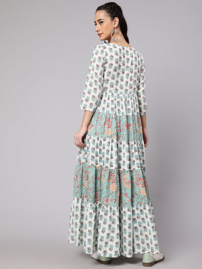 White & Green Floral Print Tiered Maxi Dress