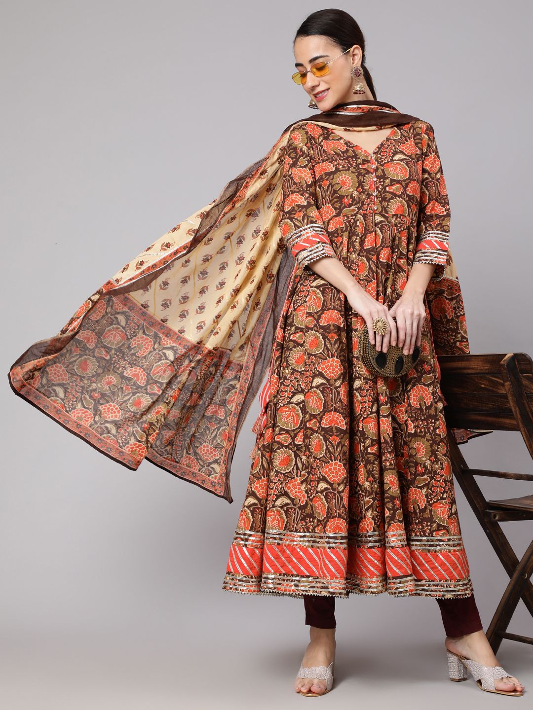 Brown Floral Print Anarkali With Dupatta