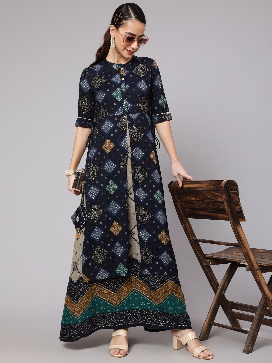 Navy Blue Bandhani Print Layered Maxi Dress