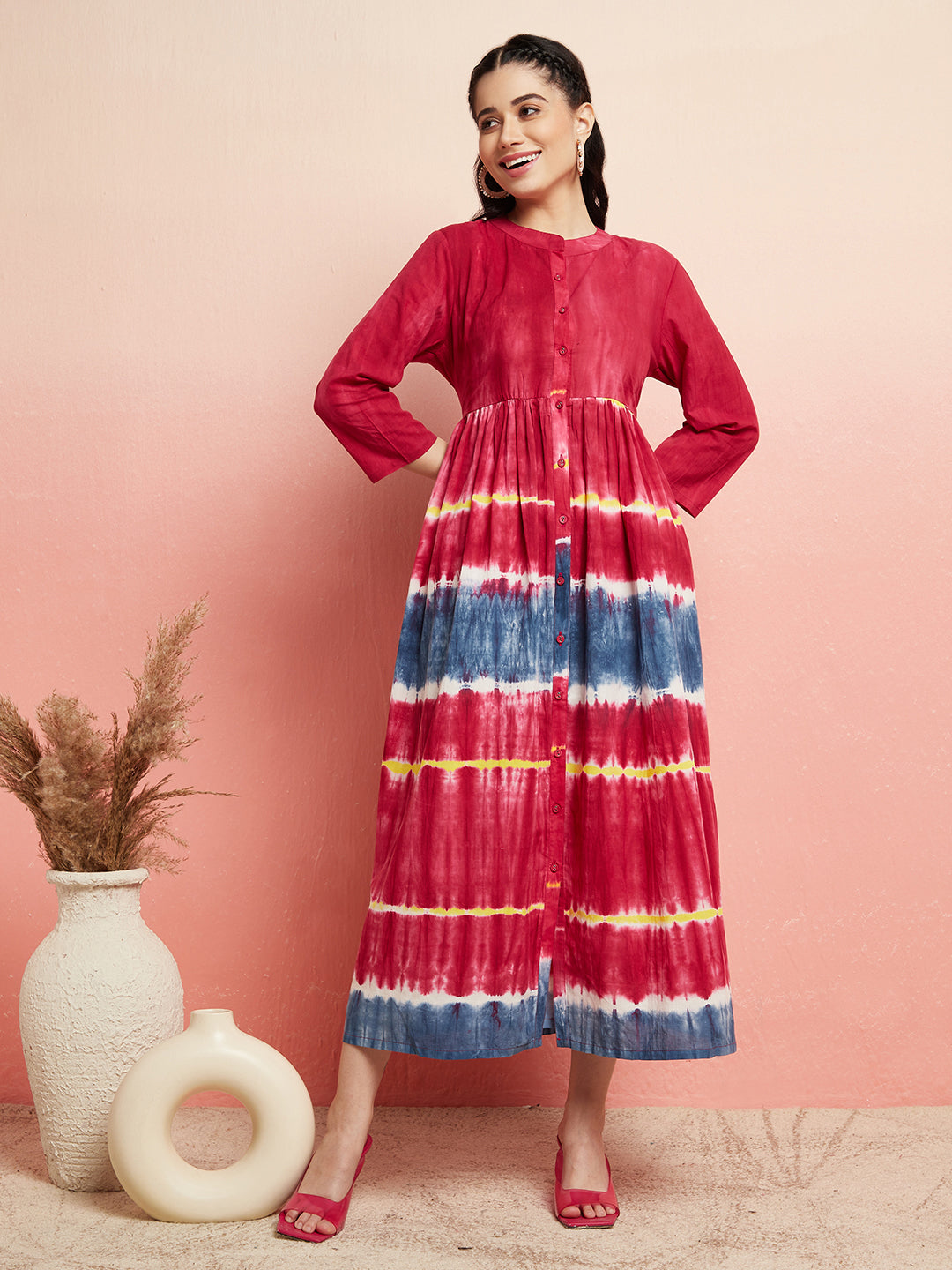 Maroon Tie & Dye Button Down Dress