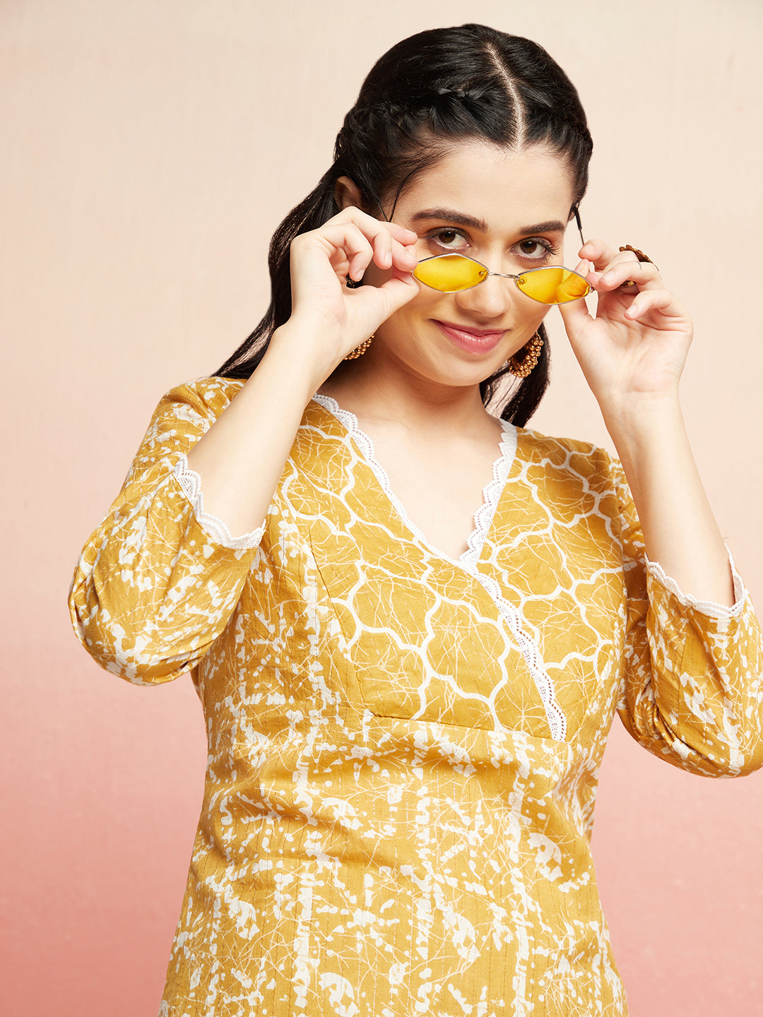 Mustard Printed Lurex Work Couple Combo