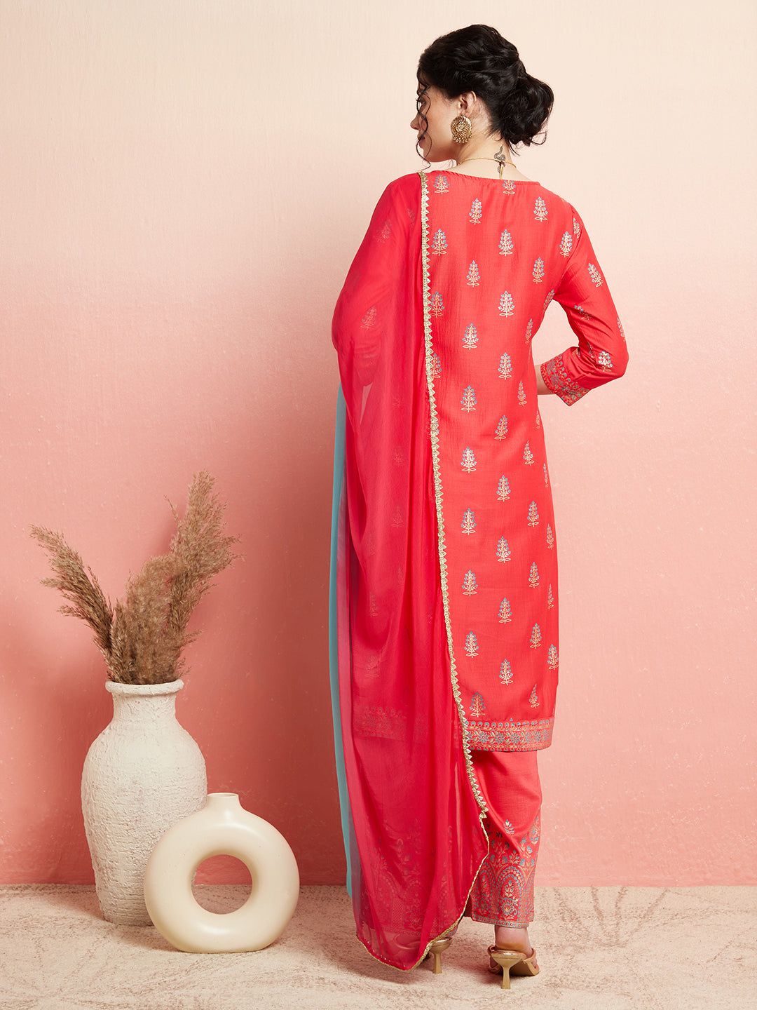 Red Placement Print Kurta Palazzo With Ombre Dupatta