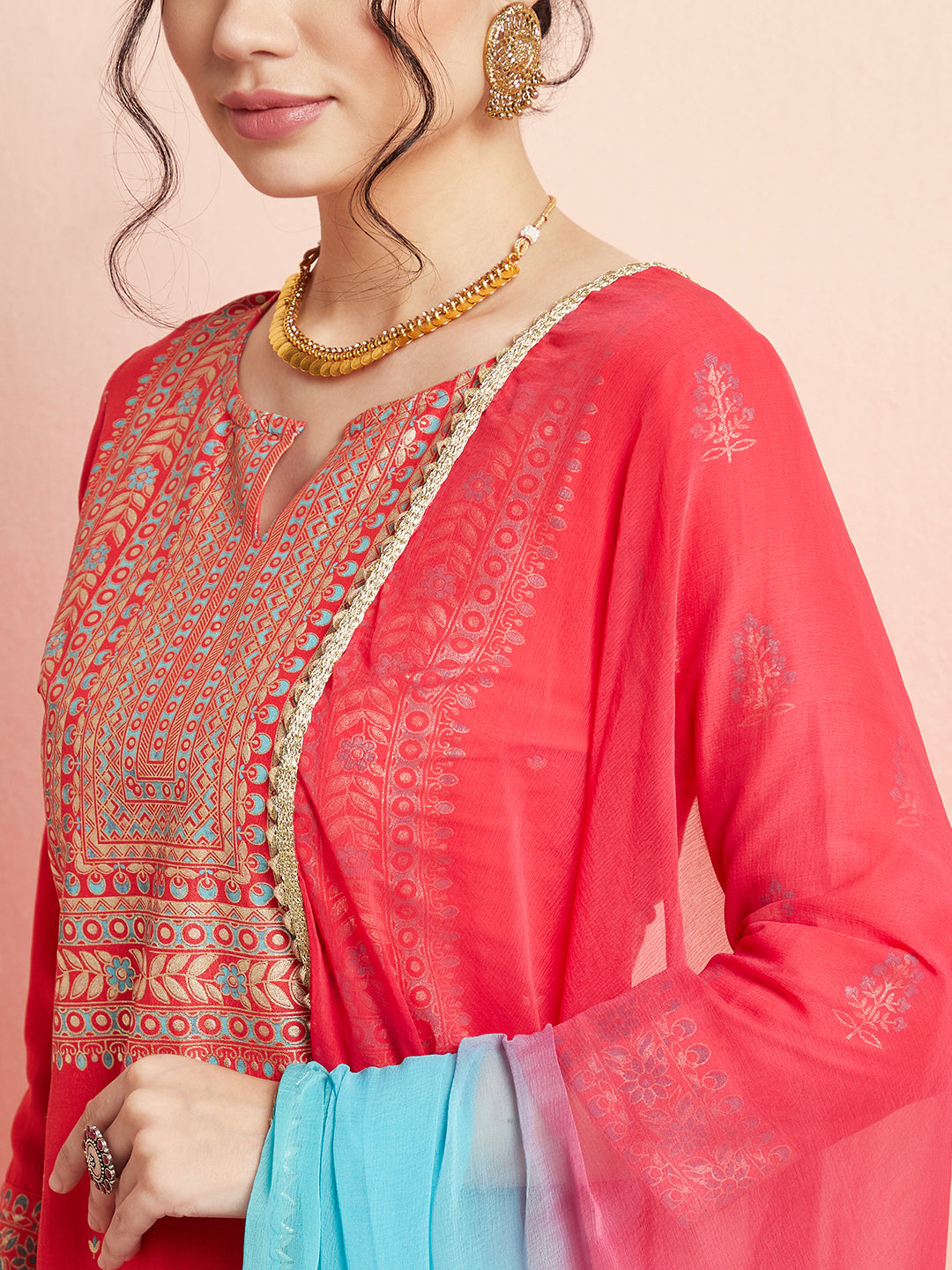 Red Placement Print Kurta Palazzo With Ombre Dupatta