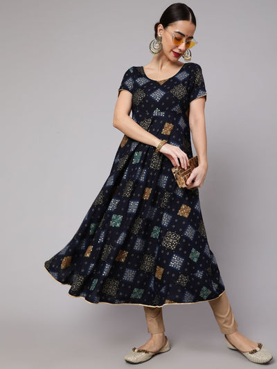 Navy Blue Bandhani Print Anarkali