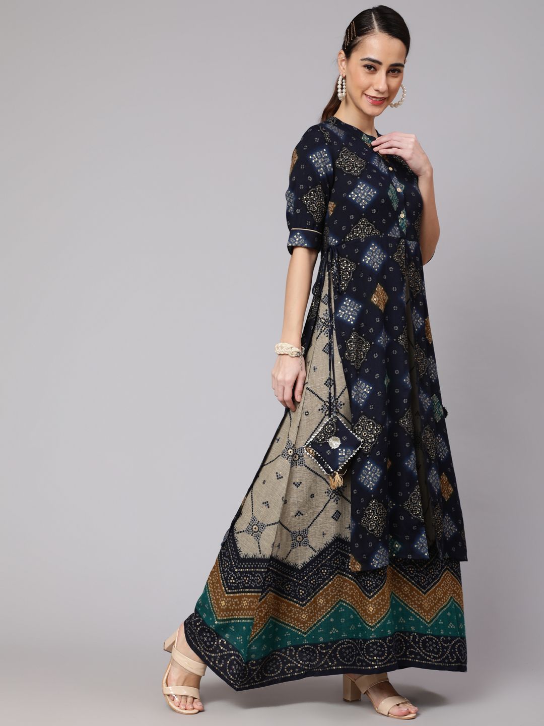 Navy Blue Bandhani Print Layered Maxi Dress