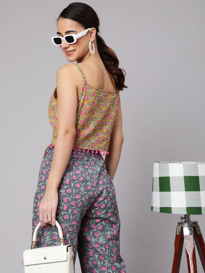 Mustard Grey Floral Print Kurta With Afgani Pant